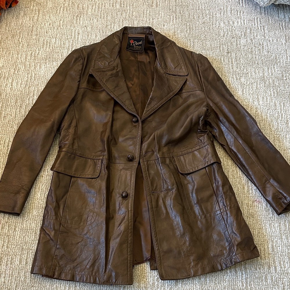 Reed Men's Brown Leather Trench Coat - Classic Button Front